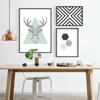 

Nordic Style Abstract Canvas Print Painting Poster of Geometric Deer Head Hexagon Triangle Black Stripes,Frameless Wall Picture