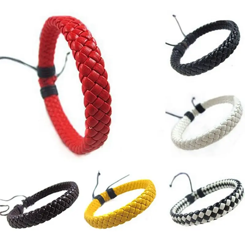 

1Pcs Punk Black/Brown/White/Yellow Braided Leather Bracelet Bangle Male Accessories homme Jewelry Black Color Leather Bracelets