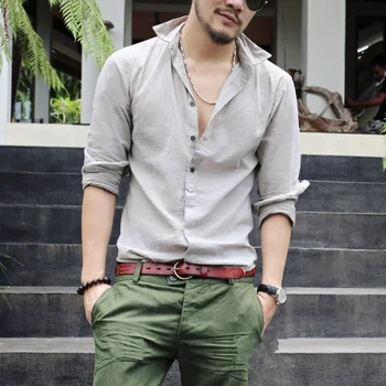 

2019 Sinicism men fall slim fit leisure flax long sleeve shirts/Men lapels high-grade pure color cotton and linen casual shirts