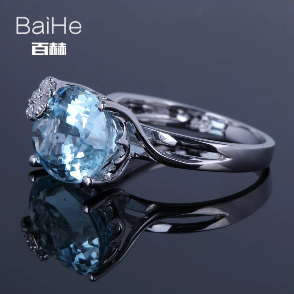 BAIHE Solid 14 К Белое золото(AU585) 7.6CT Certified Oavl Cut/из натуральной голубой топаз Свадебные для женщин Мода Ювелирные украшения кольцо