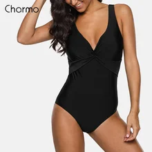Charmo Women retro One-Piece High Waist Swimwear Front Cross Swimsuit Sexy Bodysuit Solid Ruched Monokini deep-V deep neckline