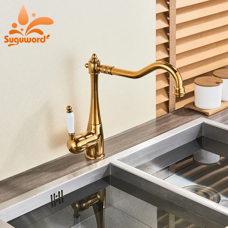 

Suguword Golden Basin Faucet Hot and Cold Water Ceramic Valve Deck Mounted Mixer Taps Ceramic Handle