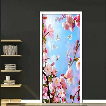

3D Pink Peach Tree Branch Pattern Door Stickers Living Room Door Decals PVC Self-adhesive Wall Sticker Waterproof 3D Wall Papers