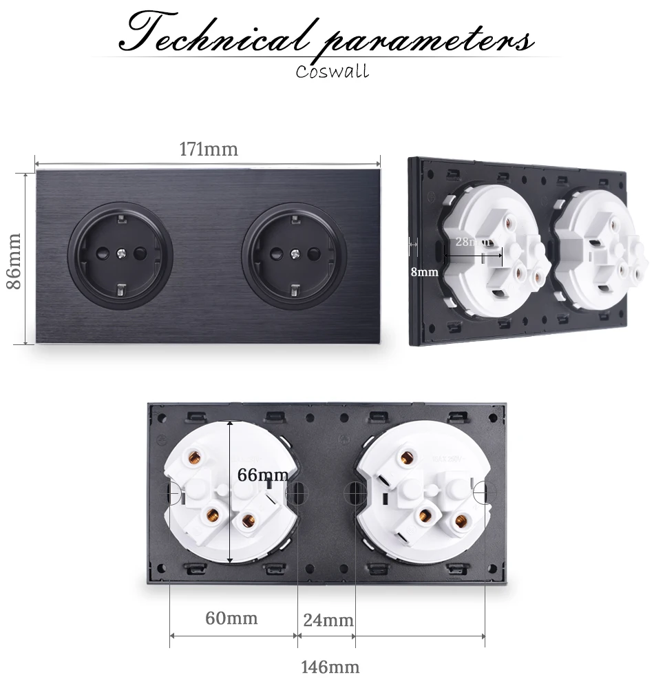 Coswall черная алюминиевая панель настенная розетка стандарта ЕС+ 2 банды 2 способа вкл/выкл пропуск через светильник переключатель светодиодный индикатор