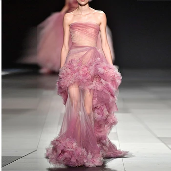 

2019 New Arrival Pink Tie-dyed Mesh Ruffles Long Maxi Evening Celebrity Party Mermaid Farty Hollow Out Sexy Vestidos Luxury Club