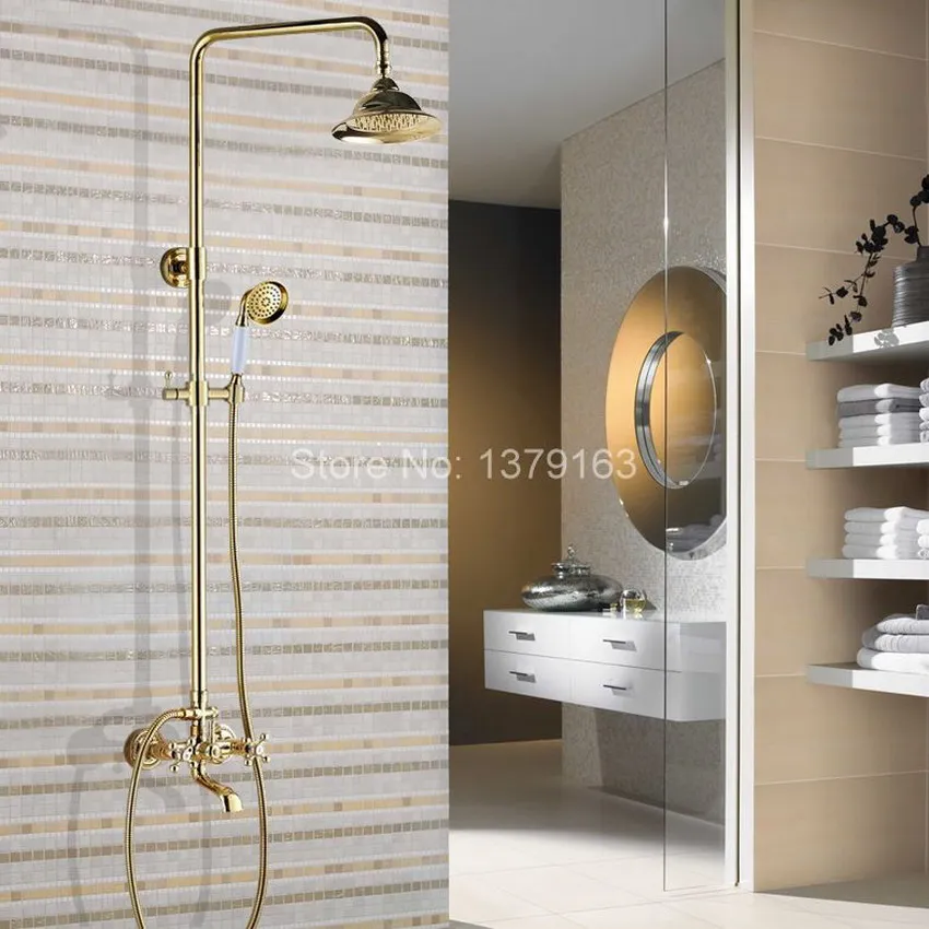 

Polished Gold Color Brass Wall Mounted Bathroom Rainfall rain Shower Faucet Set Dual Cross Handle Bath Tub Water tap agf357