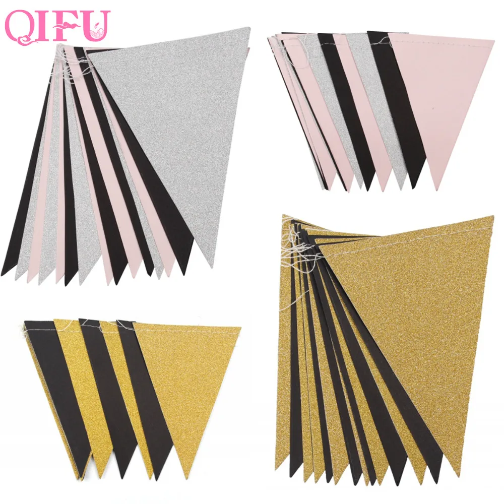 

QIFU Pink White Flag Banner Gold Glitter Paper Pennant Bunting Sparkle Garland for Wedding Decoration Kids Birthday Party Favors