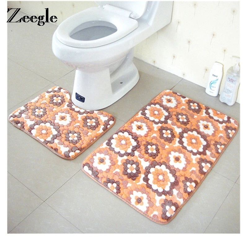 Zeegle Flower Bathroom Set Carpet 2Pcs Bath Mats Toilet Rugs Door Mats