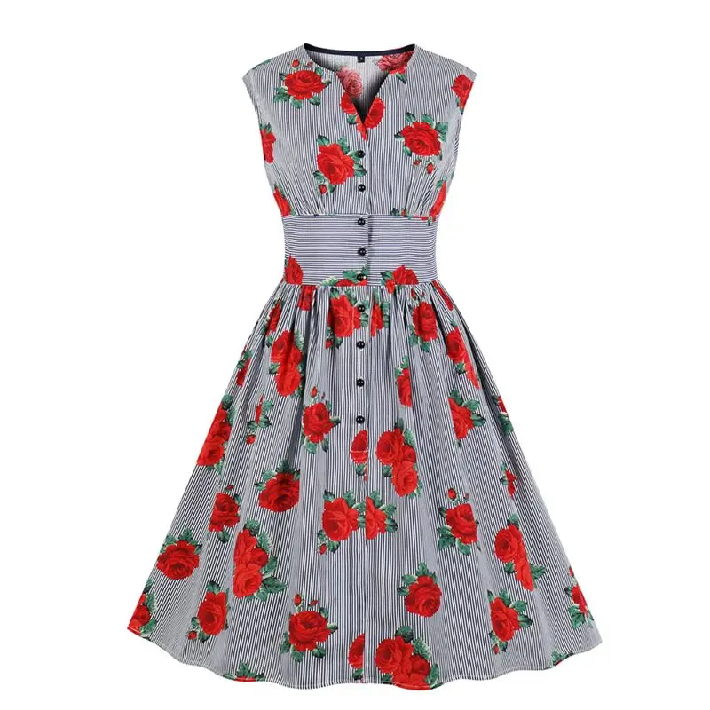 

Stripe Floral Print Vintage Summer Dress Women Plus Size Sleeveless Sweet Girl Party Casual Rockabilly Retro A Line Midi Dresses