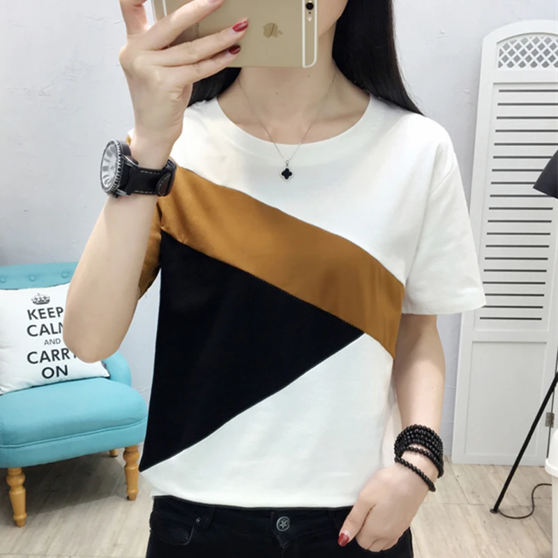 

Casual Cotton T Shirt Women Patchwork O-Neck Tshirt Plus Size XXXL Tee Shirt Femme Camisetas Mujer Verano