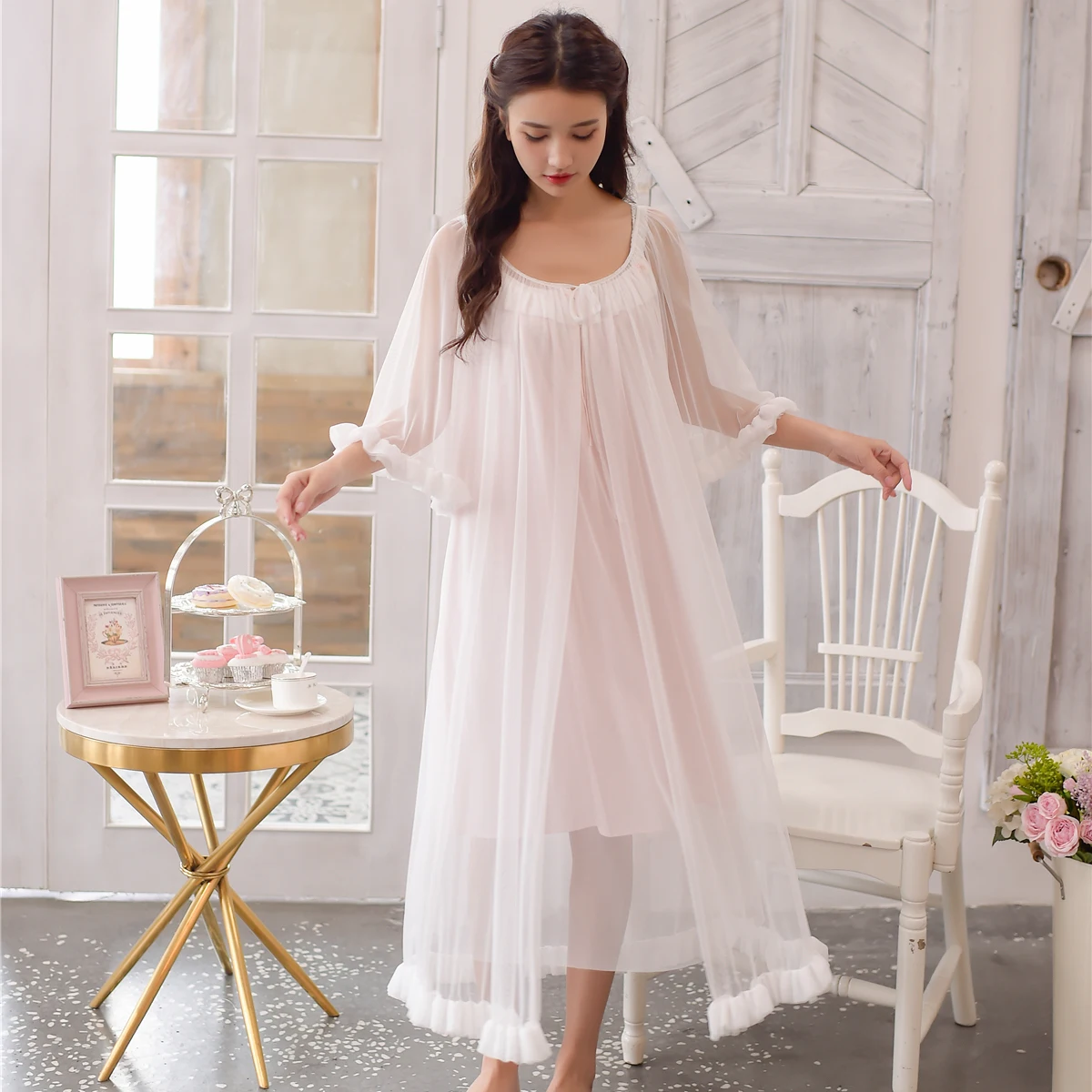 2018 Autumn 2pics Vintage Sleepwear Modal Lining Nightgown Princess 