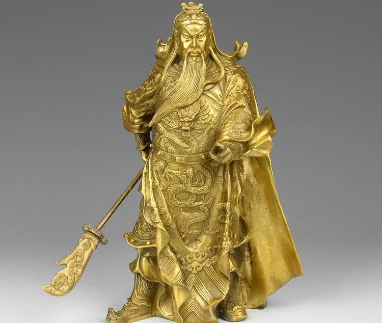 

11 China Brass Copper 2 Finger Guan Gong Guan Yu Buddha Hold Dragon Sword Statue