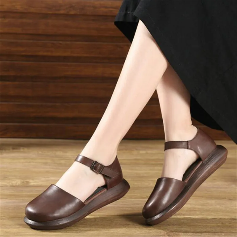 

Comfortable Genuine Leather Ankle Strap Closed Toe Thick Platform Wedge Sandals