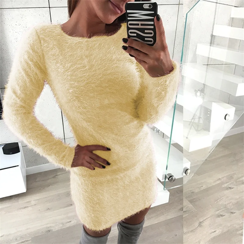 Winter Plush sweater Dress Women Party Bodycon Christmas Black clothing Sexy Mini bandage knitted Dress For Female