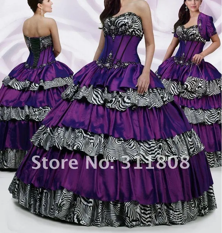 Free shipping Hot Zebra Stripes + Plum Quinceanera Dresses Prom Party