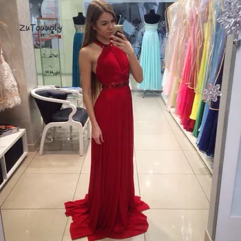 

Fitted Red Evening Dress Halter Crystal Beaded Sheath Long Chiffon Prom Dresses For Women Sleeveless 2019 Plus Size Evening Gown
