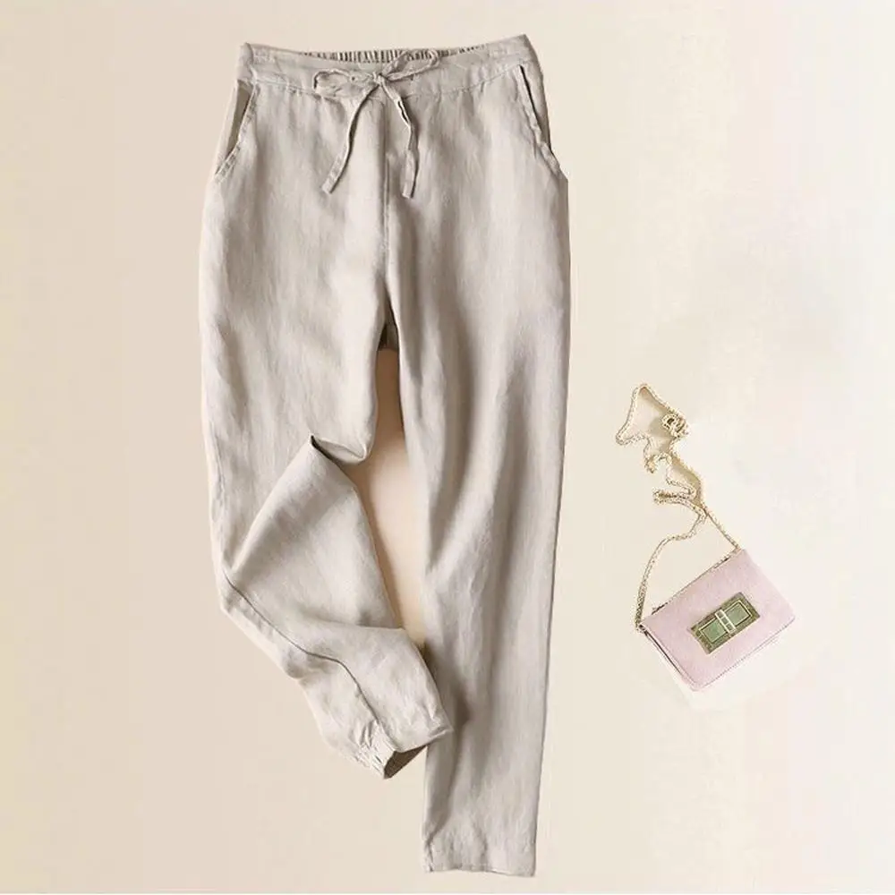 

Casual Womens Mid Elastic Waist Solid Color Cropped Trousers With Pocket Bottoms Sports Wear Cotton Linen Pants For Ladies 2019