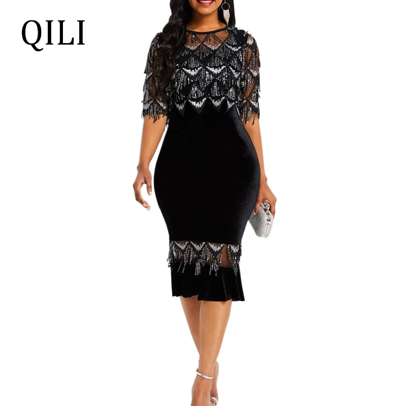 QILI Tassel Sequin Dress Elegant Lady Plaid Mesh Patchwork Ruffles Bodycon Dresses Half Sleeve O Neck Office | Женская одежда