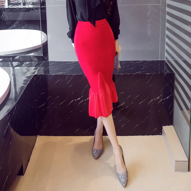 Плюс размеры Осень Зима шифон Patchwrok Модные женские Bodycon Юбка Высокая талия тонкий миди черный, красный