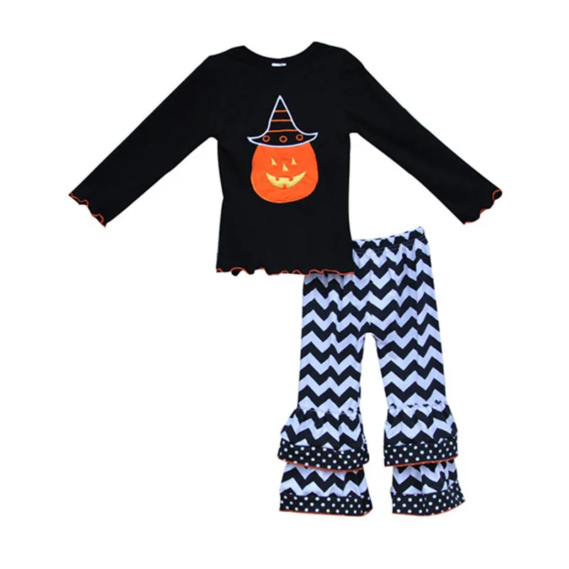 

New Arrival Kids Halloween Costume Hat Pumpkin Pattern Sleeve Tops Chevron Ruffle Pants Toddler Girl Clothes Sets H004