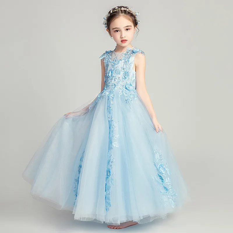 

2019 New Baby Girls Flower Princess Long Dress Kids Lace Applique Tulle Birthday Evening Prom Gown Pageant First Dresses D49