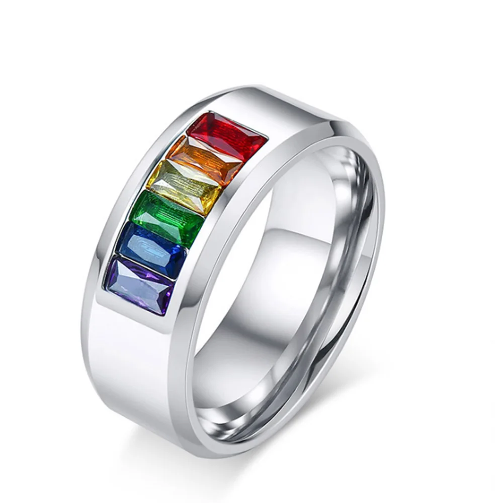 Stainless Steel Rainbow Cubic Zirconia Pride Wedding Band Rings Jewelry Lovers Couple Valentine's Day Gift Rings Hot Sale