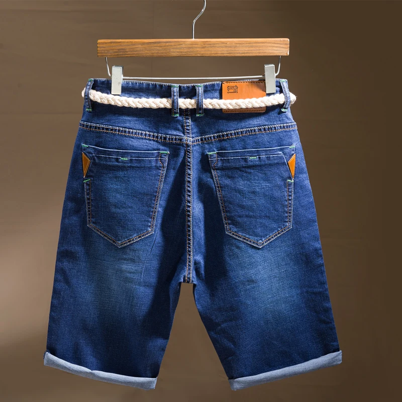 Летние новые мужские джинсовые шорты длиной до колена из эластичной ткани с карманами, облегающие шорты для мужчин синего цвета