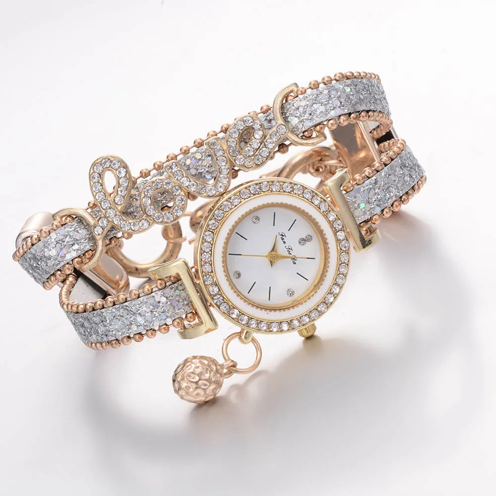 Модные женские Многослойные кварцевые часы с браслетом, сплав, кристалл, любовь, буквы, наручные часы, ювелирные изделия, подарки lxh