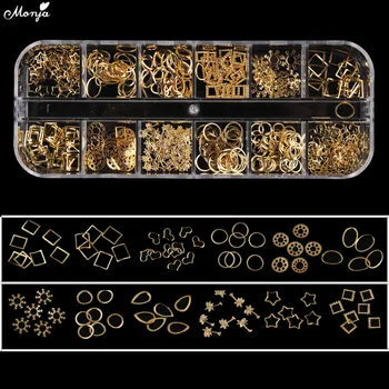 

Monja 12 Grid Nail Art Gold Silver Star Heart Snowflake Drop Mixed Shape Hollow Metal Rivet Studs Charm Decoration Accessories