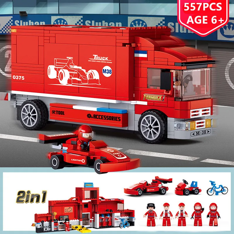 

557Pcs 2IN1 City F1 Formula Racing Car Transport Truck Car Building Blocks Sets Compatible LegoINGLs Bricks Toys for Children