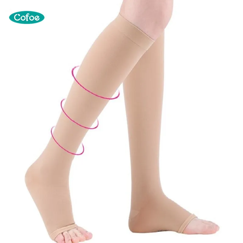 

Cofoe Medical Knee High Compression Socks for Varicose Veins Women Men 15-21mmHg Level 1 Open Toe Anti-Fatigue Socks Skin/Black