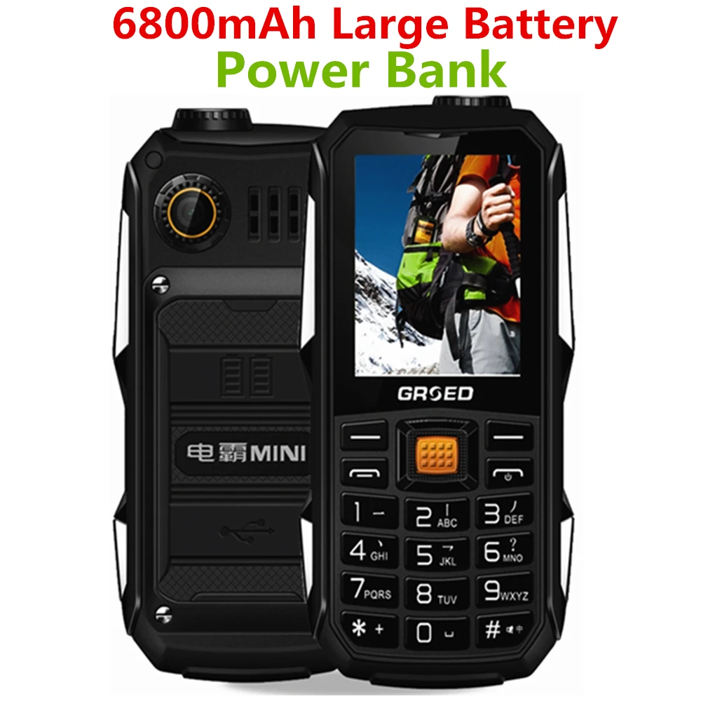 

6800mAh large Battery Long Standby Russian Arabic Shockproof dustproof SOS flashlight Power Bank torch FM BT cell mobile phone