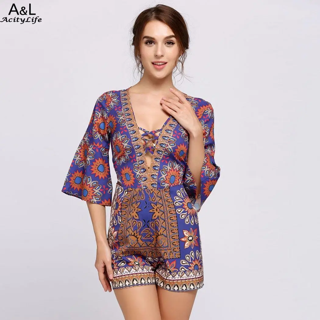 Фитнес расклешенные рукава с v образным вырезом Lace Up Romper|Комбинезоны c шортами| |