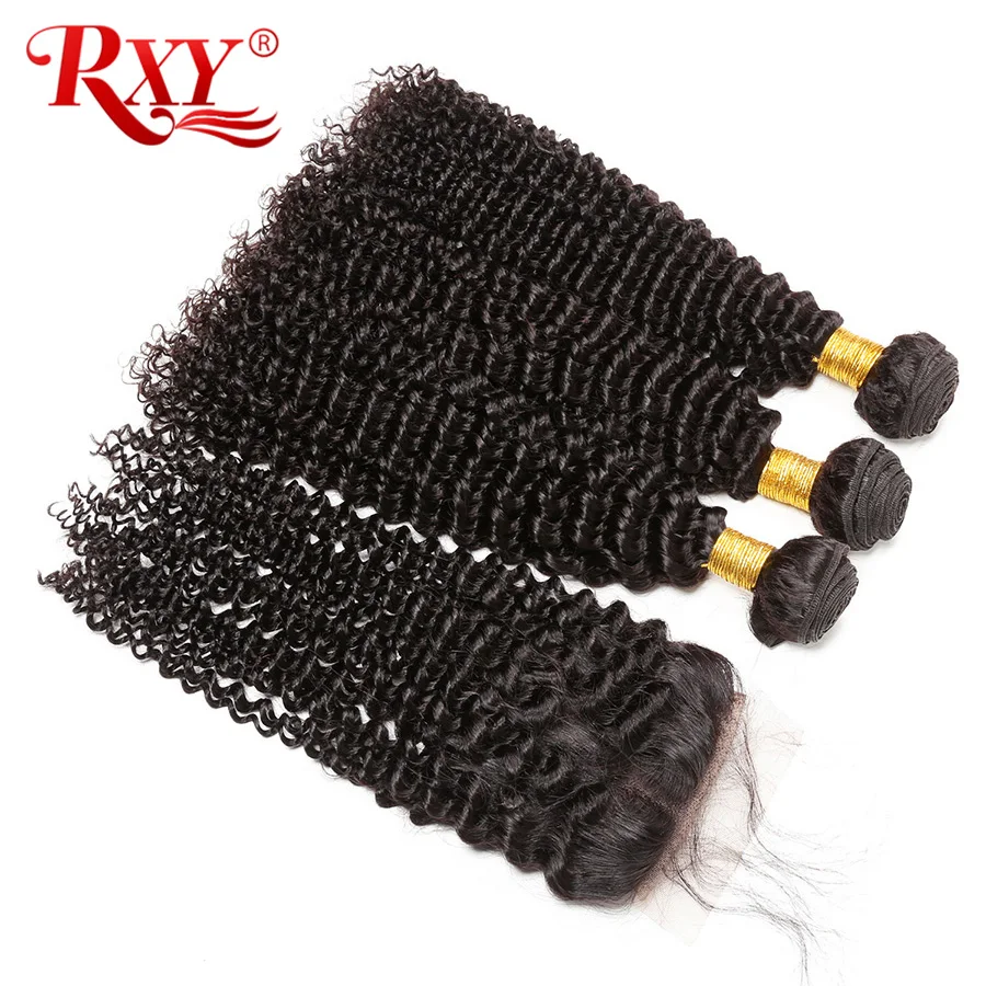 Peruvian Kinky Curly Hair Bundles With Closure RXY Remy Hair 3 Bundles Human Hair Bundles With Closure 4x4 Top Lace 4PcsLot (2)