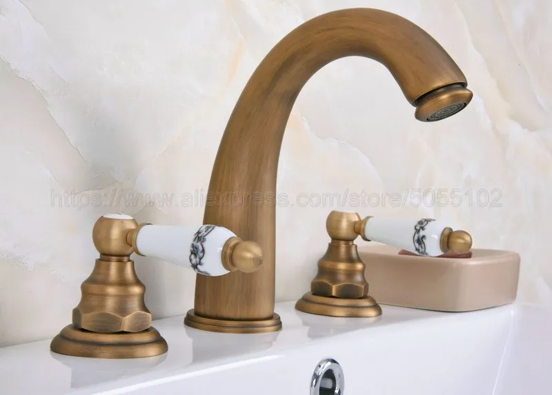Antique Brass Bathroom Sink Faucet Widespread 3pcs Ceramics Handles Basin 3 Holes Mixer Tap zan079