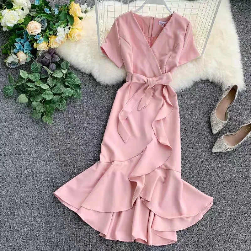 2019 Summer Ladies Ruffled Short-sleeved Wrap Dress  High Waist Solid Graceful Women Sashes Vestidos Natural Casual