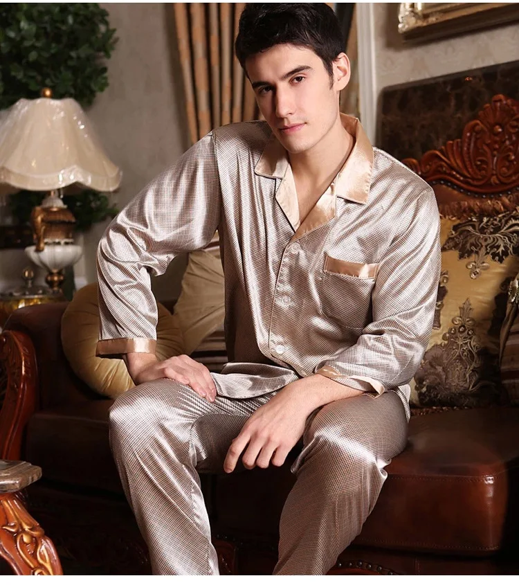 mens satin pajama set Men's Long Sleeve Silk Homewear Male Spring Summer Long Sleeves Pyjamas Lapel Handsome Luxurious Silk Nightwear 2pcs D-2183 soft cotton pyjamas