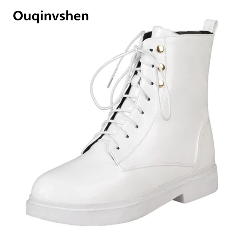 

MSSTOR Rivet Casual Warm Boots Women Fashion Plus Size White Boots Patent Leat Ankle Boots Women Zipper Winter Lace Up Boots