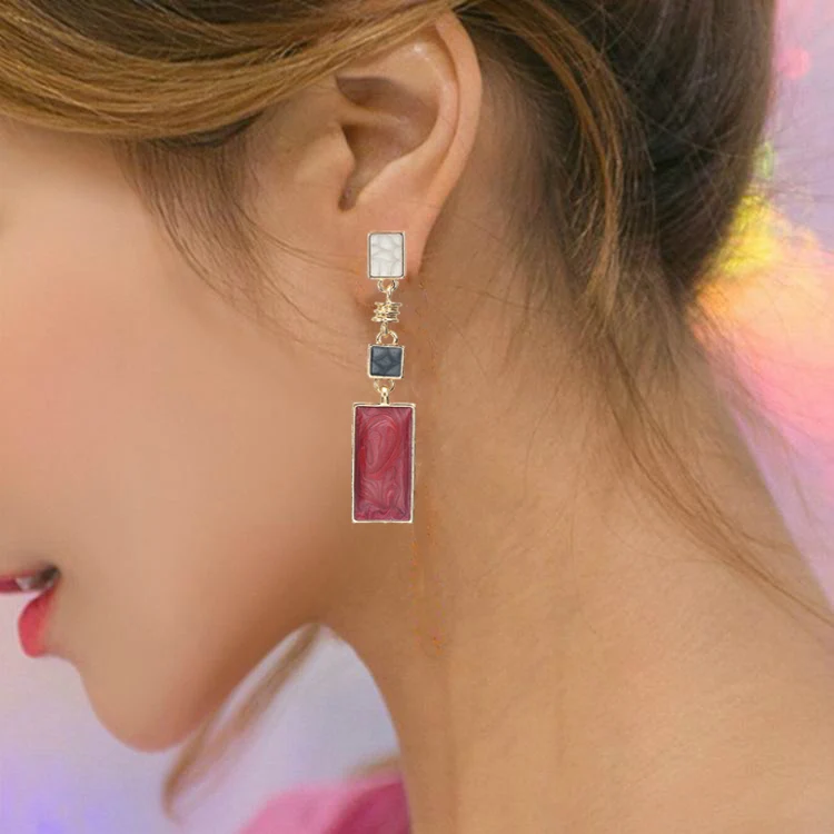 Korean Style Simple Design Earrings For Women Girls Red Stone Dangle Earrings Geometric Earrings Trendy Temperament Pendientes