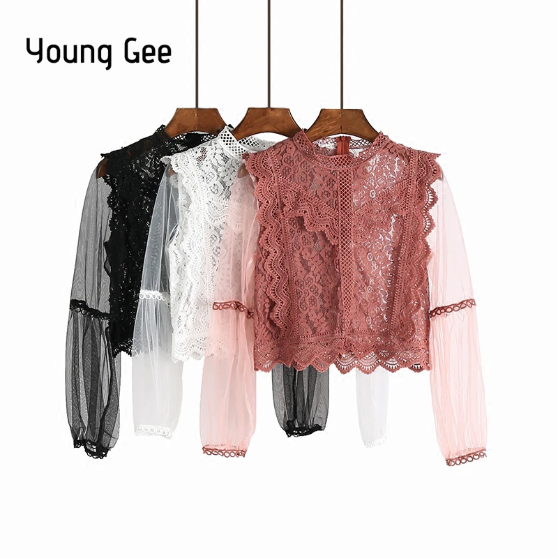 

Young Gee Fashion 2018 Sweet Floral Lace Women Tops Spring Long Lantern Sleeve Blouses Sexy Sheer Shirts Blusas blusa feminina