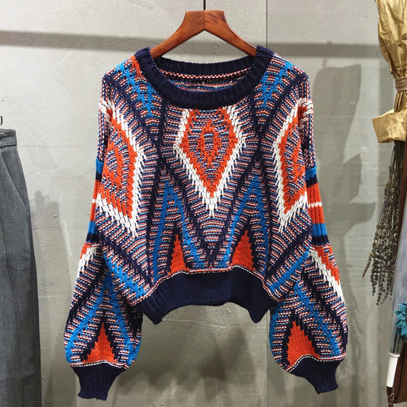 Vintage Geometric Pattern Ladies Jumpers Women Sweaters And Pullovers
