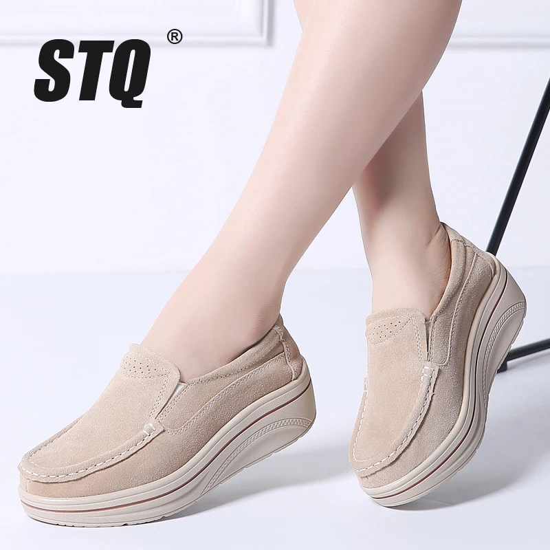 

STQ 2019 Autumn women slip on flats shoes ladies platform sneakers shoes leather suede casual creepers moccasins shoes 8338