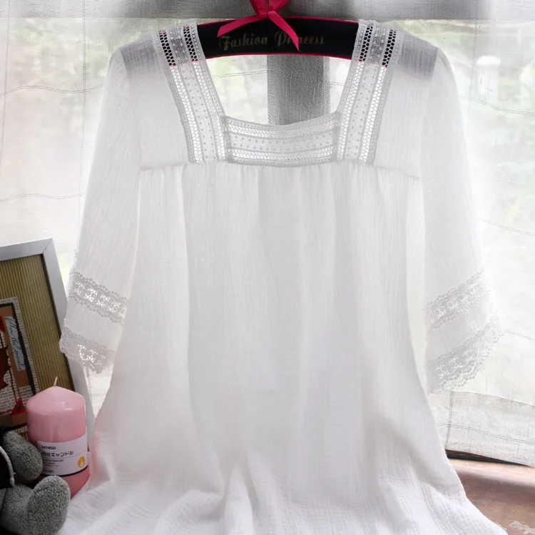 Free Shipping  New Summer Women's Pajamas Pants Set  White Sleepwear Cotton Nightgown Princess Nightshirt (4)