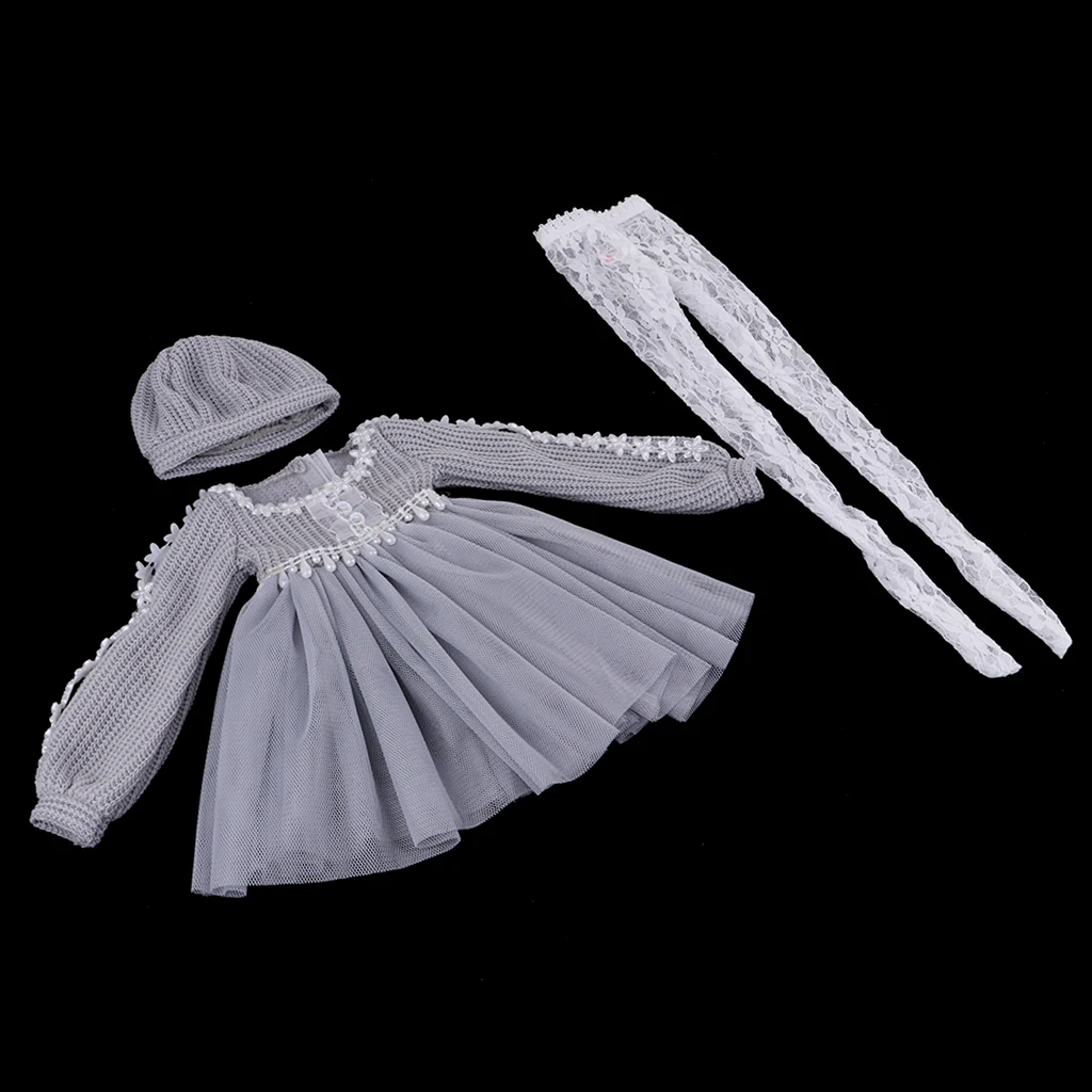 Fashion Sweater Gauzy Coat Dress with Beret Lace Stockings Hat Leggings Suits for 1/3 BJD 60cm Dolls Accs Gray