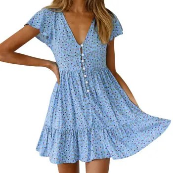 

2019 New Fashion Female Bohemian Clothes Floral Print Ruffle Short Sleeve Button Up Women Summer Beach Party Dress Sundress ves