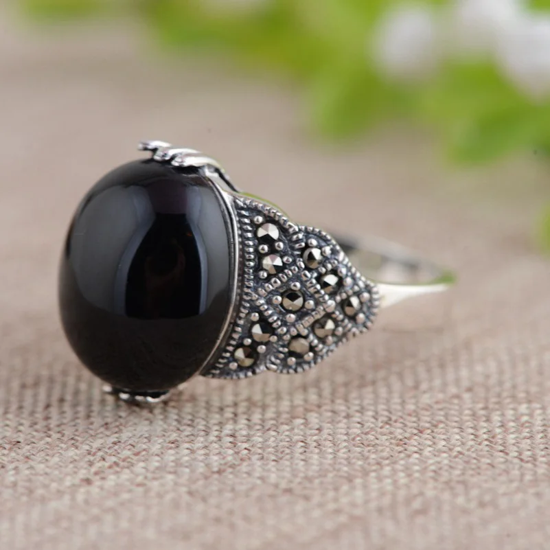 FNJ 925 Silver Oval Stone Ring for Women Jewelry Natural Black