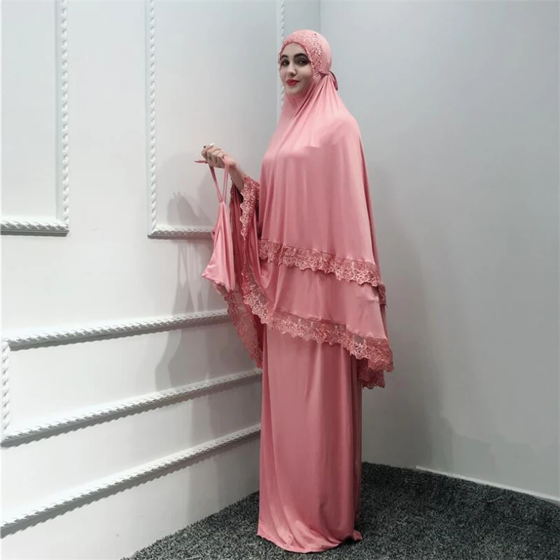 

2019 Beautiful lace prayer clothes with hijab islamic suit women muslim abaya set 2 pieces fashion hijab dress solid plus size