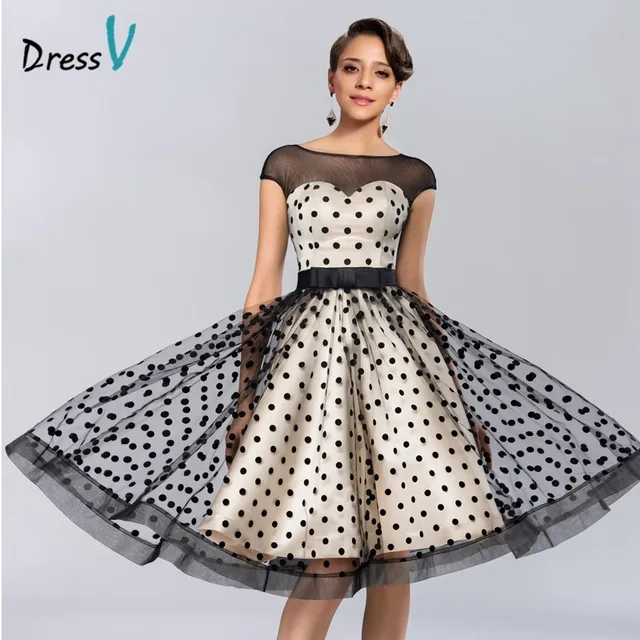 Dressv rodilla Vestidos de cóctel 2017 Polk dot pattern Vestidos fiesta Vestidos de fiesta Sheer barco