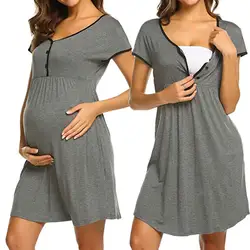 Женское платье для беременных модное платье для беременных с короткими рукавами сплошного цвета с кнопками платье для беременных 2019 Vestido