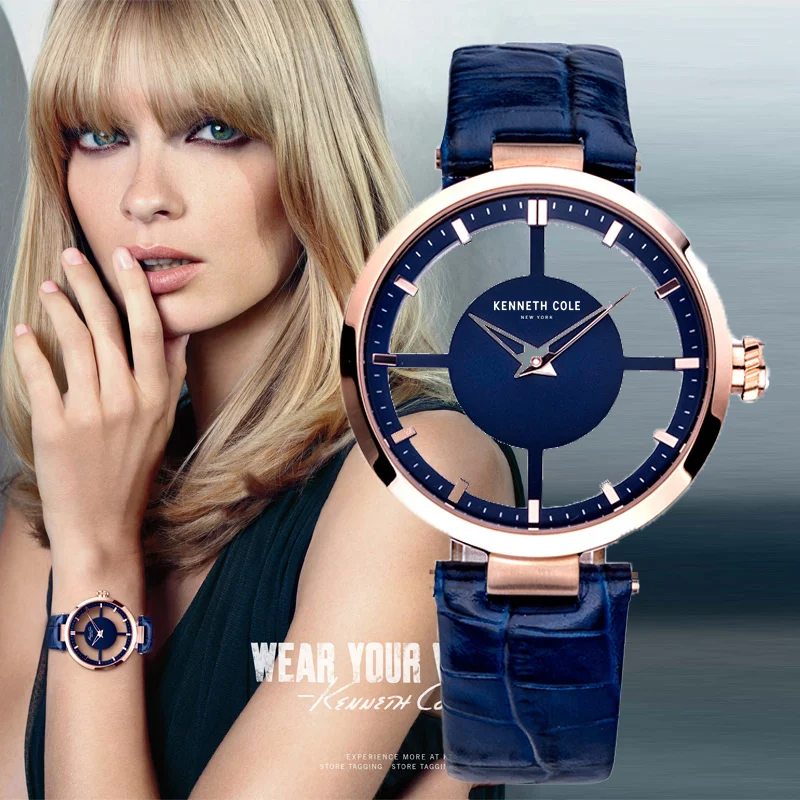 Goedkoop Kenneth Cole Womens Horloges See through Lederen Gesp Quartz Blauw Waterdichte Originele Luxe Merk Horloges Voor Vrouwen KC2643